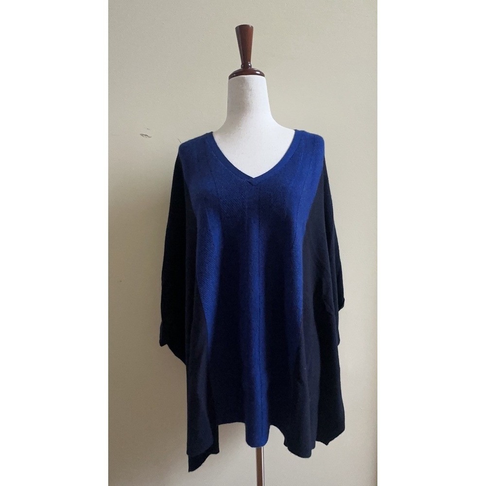 Magaschoni 100% Cashmere V-Neck Tunic Top Blue and Black Colorblock Luxury
